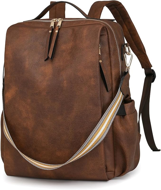 myfriday PU Leather Large Backpack Purse for Women Casual Travel Backpack Convertible Satchel Handbags With Luggage Strap (Dark brown)