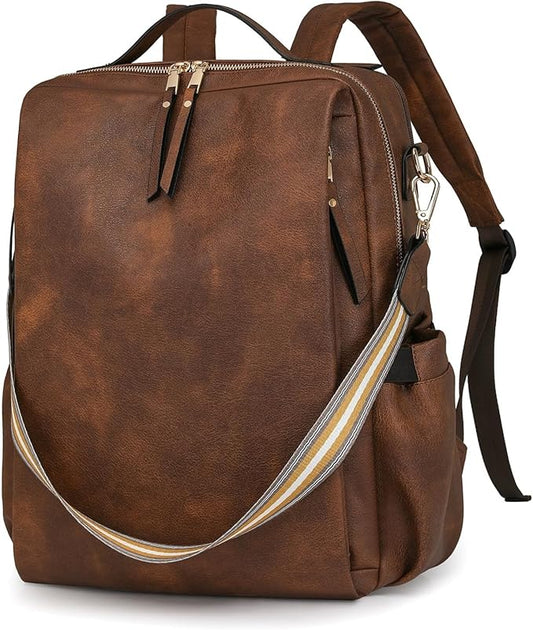 myfriday PU Leather Large Backpack Purse for Women Casual Travel Backpack Convertible Satchel Handbags With Luggage Strap (Dark brown)