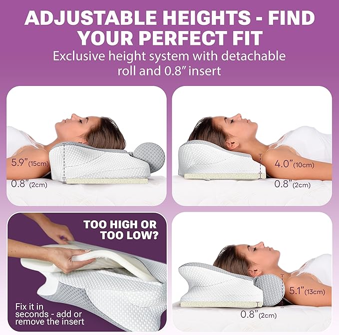 3-in-1 Orthopedic Pillow, Cervical Neck Pillow for Sleeping, Adjustable Height Memory Foam Neck Pillow and Detachable Roll, Contour Pillow for Neck Pain Relief for All Sleeping Positions (Gray)