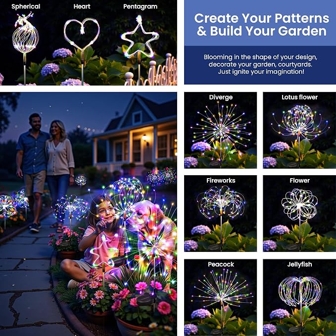 6Pack Solar Lights Outdoor, Multicolor Firework Lights | 120LED Fireworks Lights Solar Powered, Waterproof Fairy Garden Lights Decor Outside for Yard Pathway Lawn Patio