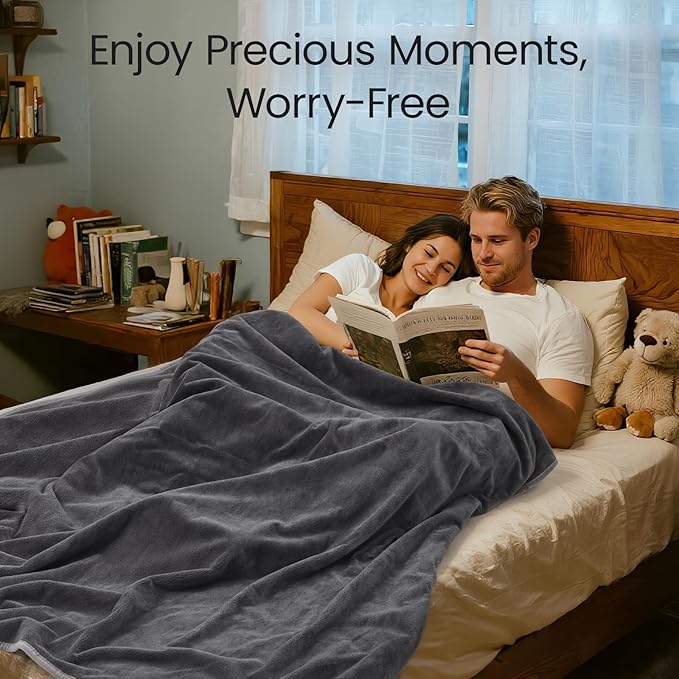 LOOBANI Waterproof Blanket for Bed: Reversible Leakproof King Size Bed Blankets 85" x 108", Soft Flannel & Coral Fleece Bed Blanket Water Resistant for Couch Sofa Cover, Travel, Movie Time, Grey