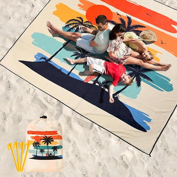 HIHOHO Beach Blanket Waterproof Sandproof Beach Mat 79”x 83” for 1-8 Adults Quick Drying Durable Outdoor Picnic Mat for Beach Festival Travel Camping Hiking (Rainbow Cocotree-YL, 79"×83"(4 Person))
