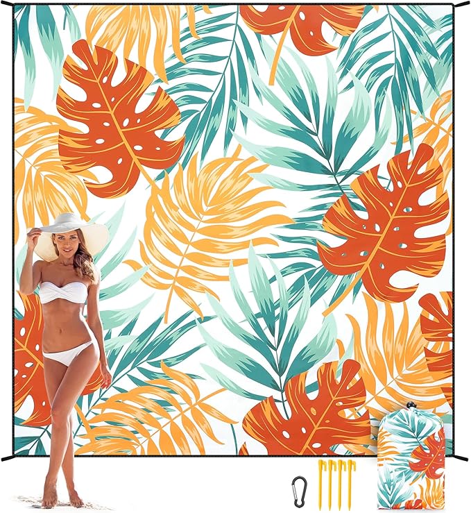 Beach Blanket Sandproof Extra Large Beach Mat Adults Waterproof Quick Drying Sand Free Mat Made by Premium Polyester with 4 Stakes & 4 Corner Pockets for Outdoor Travel Camping Hiking