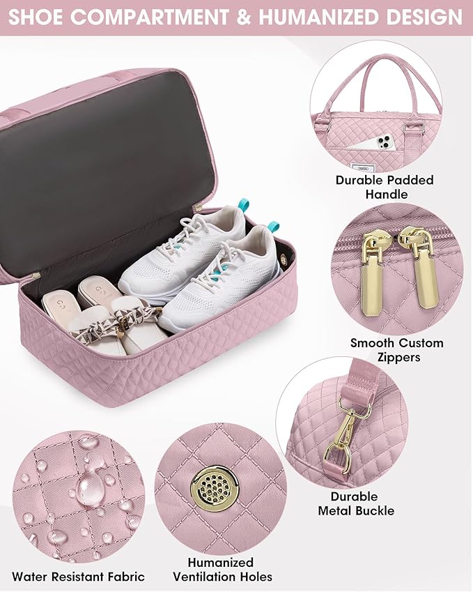 Weekender Travel Duffle Bag for Women: Overnight Bags with Shoe Compartment Carry on duffel Bag for Airplanes with 2 PCS Toiletry Bags Weekend Yoga Gym Hospital Bag with Wet Pocket Pink