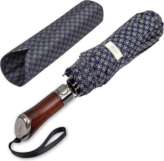 Balios (Designed in UK) Travel Umbrella Luxurious Golden Hardwood Handle Auto Open & Close Windproof Frame Single Canopy Automatic Folding Umbrella Men's & Ladies