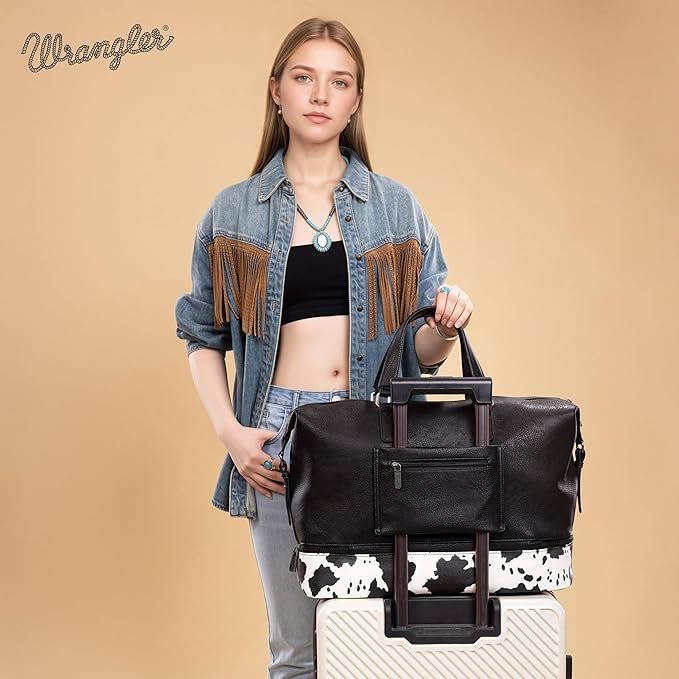 Wrangler Travel Duffel Bag Carry On Overnight Bag with Shoe Compartment Cow Print Weekender Bag for Women WG253-5110COW-BK