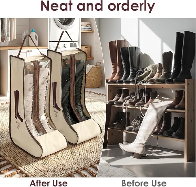 Portable Boots Storage Bag, Beige Dust Proof Boots Protector Carry Bag with Handle Shoe Dust Organizer Packing for Travel and Daily Use(Large)