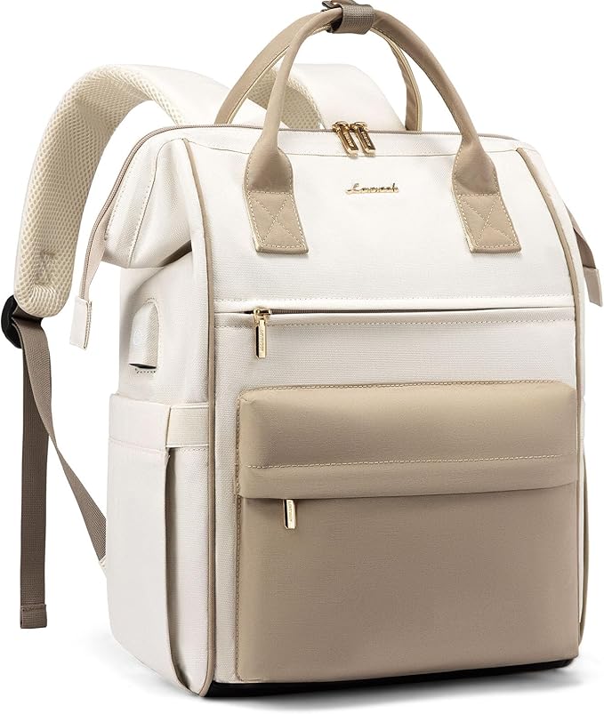 LOVEOVOOK 17.3 Inch Laptop Backpack for Women, Large Capacity Travel Backpack with USB Charging Port, Waterproof Work Backpack for Business, College, Nursing & Airline Travel,Beige