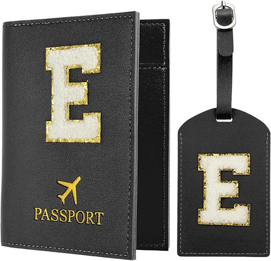PATIKIL Passport Holder for Travel, Initial Passport Cover and Luggage Tag Set with Alphabet Chenille Letter Patch Travel Wallet Bag Suitcase Identifier for Women Family Travel Black E