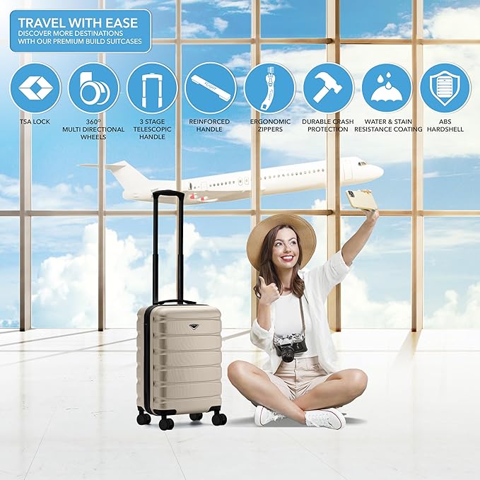 Flight Knight 22x14x9 Expandable Carry On Suitcase Hardside TSA Lock USB C Port Lightweight Luggage Silent Double Spinner Wheels Maximum Overhead Carry-On Bag American United Approved Champagne