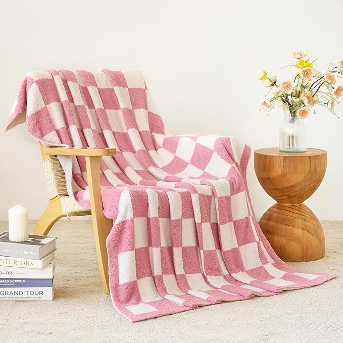 Checkered Blanket, Cozy Soft Throw Blankets for Couch Bed, Fluffy Plaid Lightweight Comfy Travel Picnic Blanket Gifts for Sofa Chair Living Room Camping (Checkered Pink, Twin 60"x80")