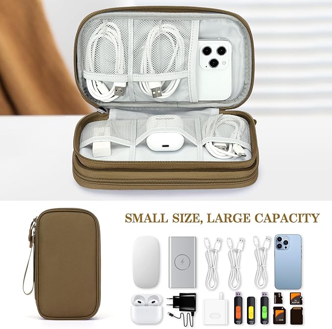 FYY Electronic Organizer, Travel Cable Organizer Bag Pouch Electronic Accessories Carry Case Portable Waterproof Double Layers Storage Bag for Cable, Charger, Phone, Earphone, Medium Size, Brown