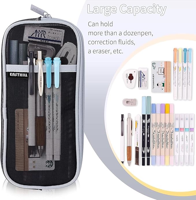 EASTHILL Grid Mesh Pen Pencil Case with Zipper Clear Makeup Color Pouch Cosmetics Bag Multi-Purpose Travel School Teen Girls Transparent Stationary Bag Office Organizer Box for Adluts(Black) Boys