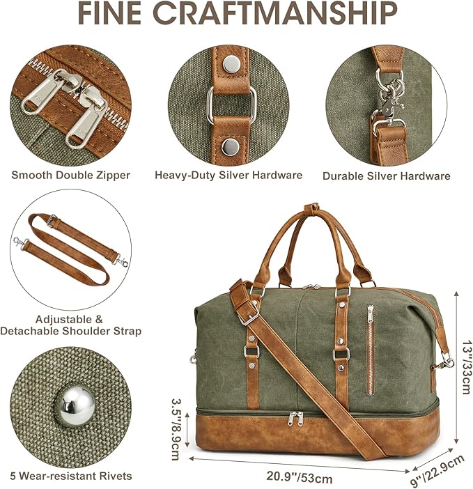 S-ZONE Weekender Bag for Men Canvas Duffle Large Weekend Overnight Travel Carry On Tote Bag with Shoe Compartment (Army Green)