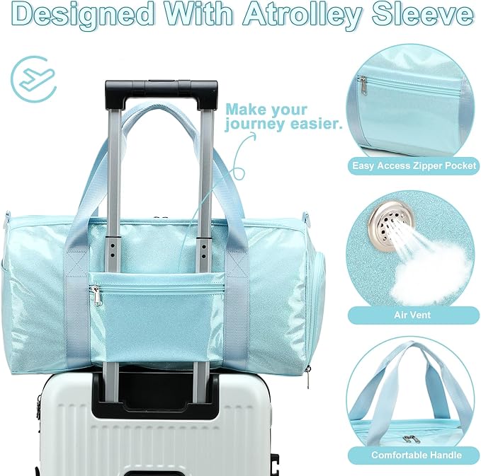 BTOOP Duffle Bag for Girls Kids Gym Sports Women Workout Travel Bag Weekender with Shoe Compartment and Wet Pocket (Blue)
