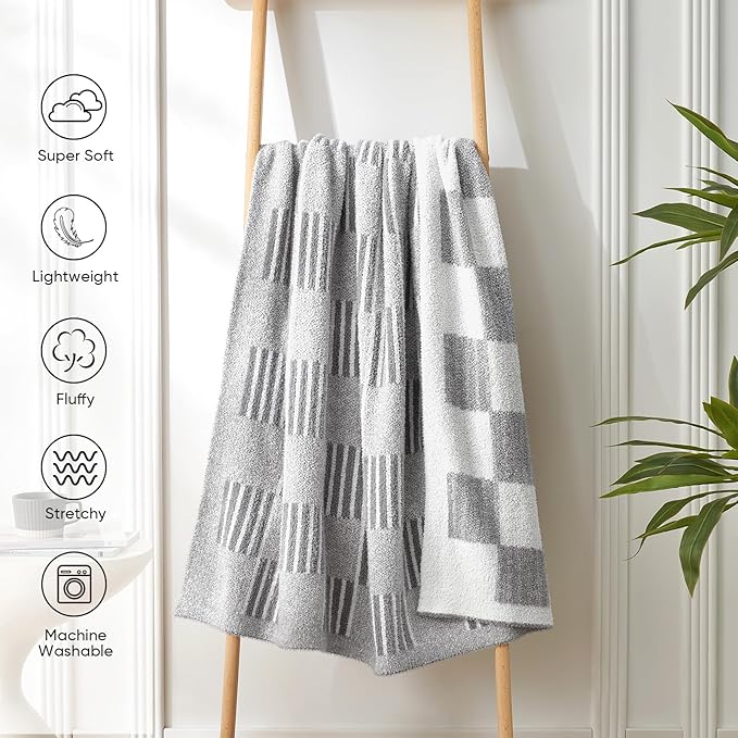 Snuggle Sac Checkered Throw Blanket for Couch,Reversible Soft Cozy Fluffy Blankets for Sofa Bedroom,Cute Lightweight Striped Throws for Women,Heather Light Grey,50x60 inches