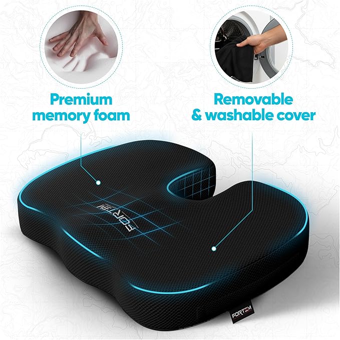FORTEM Seat Cushion, Office Chair Cushion, Desk Chair Memory Foam, Sciatica Coccyx Tailbone Pain Relief, Pressure Relief, Sitting Pad, for Long Gaming & Sitting, Washable Cover, Non Slip