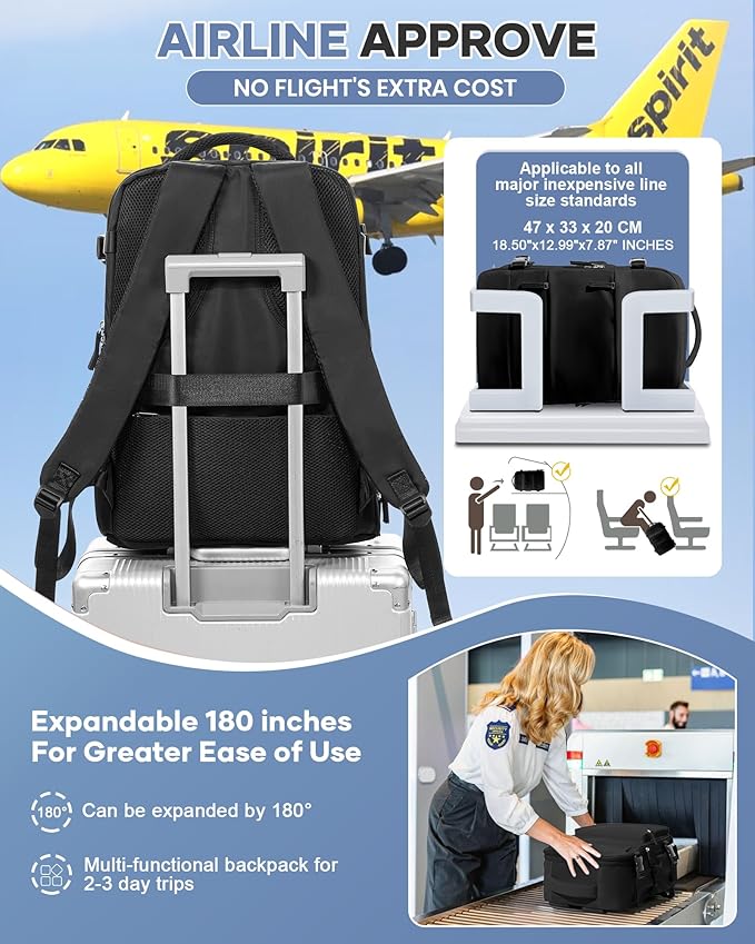 Vacuum Travel Backpack with Pump Women,Personal Item Carry on Backpacks Flight Approved 18x14x8 inches Men,Laptop Waterproof Work Compression bags Casual Daypack Mochila de Viaje Compresion al Black