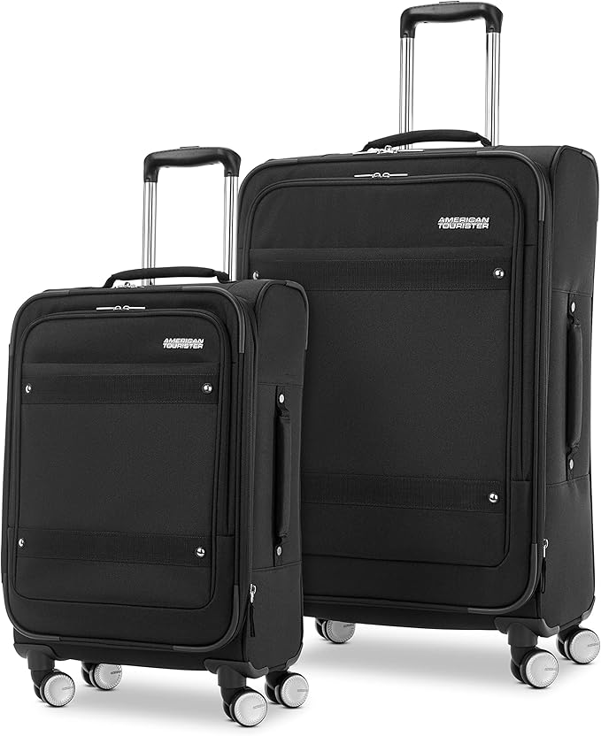 American Tourister Whim Softside Expandable Luggage with Spinners, Black, 2PC SET (Carry-on/Medium)
