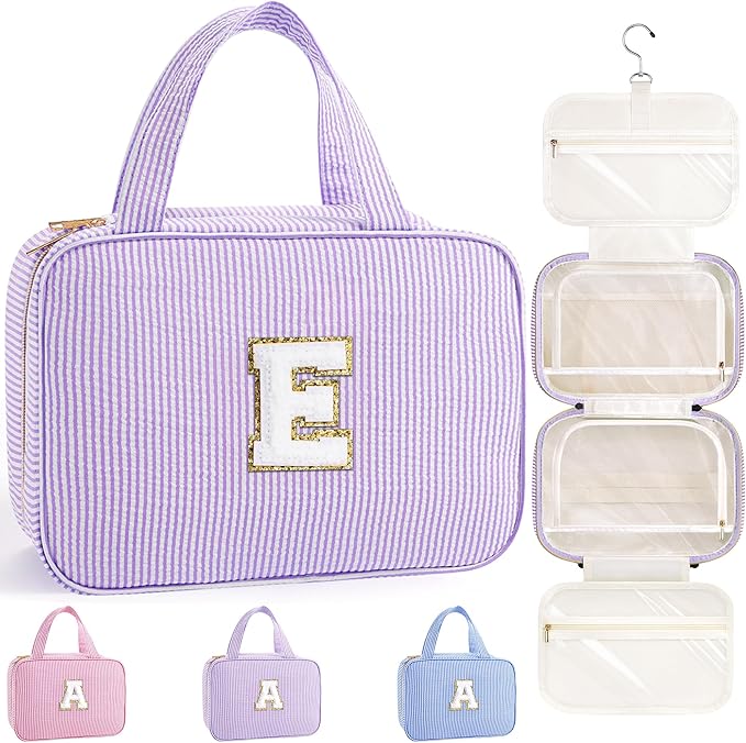 TOPEAST Teen Girl Gifts Trendy Stuff - Birthday Gifts for 7 8 9 10 11 12 13 14 15 16 17 18 Year Old Teen Girls, Hanging Toiletry Bag Initial Makeup Bag - Letter E, Purple
