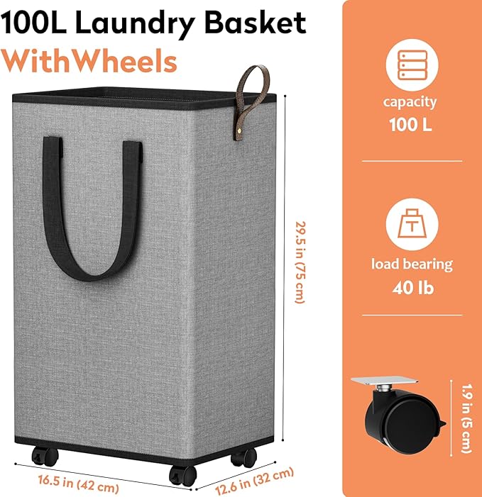 Laundry Basket with Wheels, Collapsible Laundry Baskets, Laundry Hamper with Handles Detachable Wheels, Rolling Laundry Basket, Dirty Clothes Hamper for Bathroom, Dorm, Bedroom, Grey, 100L