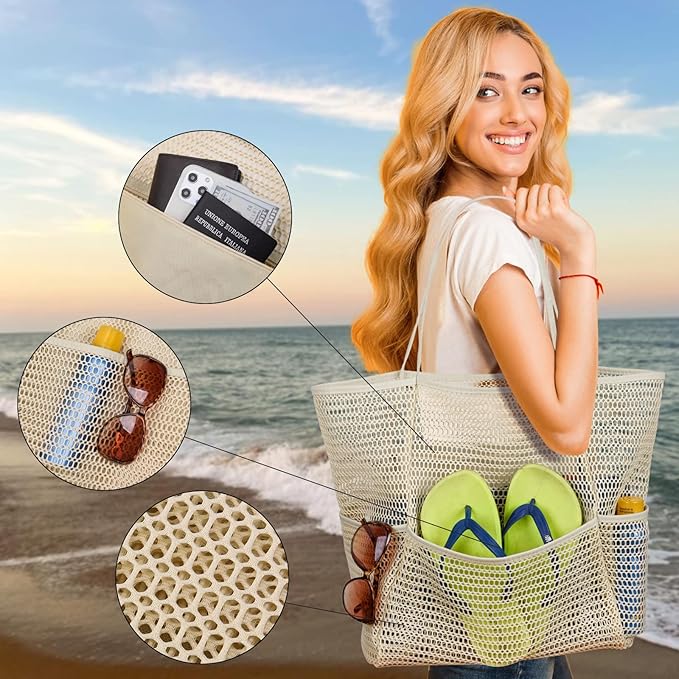 Tainehs Beach Bag - Mesh Tote Bag Beach Vacation Clothes for Women Pool Bag for Travel Pool Family Cruise Essentials 2026
