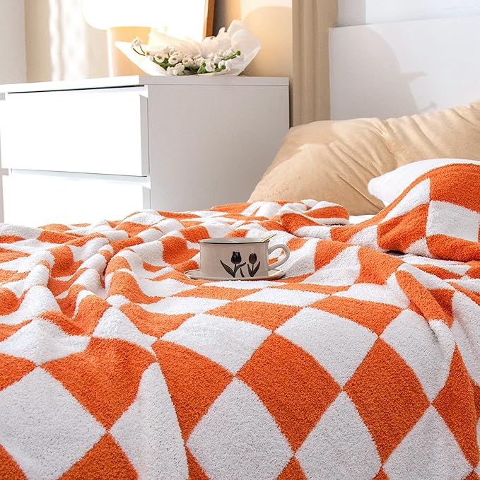 SeaRoomy CheckeredThrow Blanket, Soft Fluffy Microfiber Knit Throw Blanket for Couch Bed, Warm Cozy Reversible Checkerboard Knitted Blanket Room Decor(Burnt Orange, 60"×79")