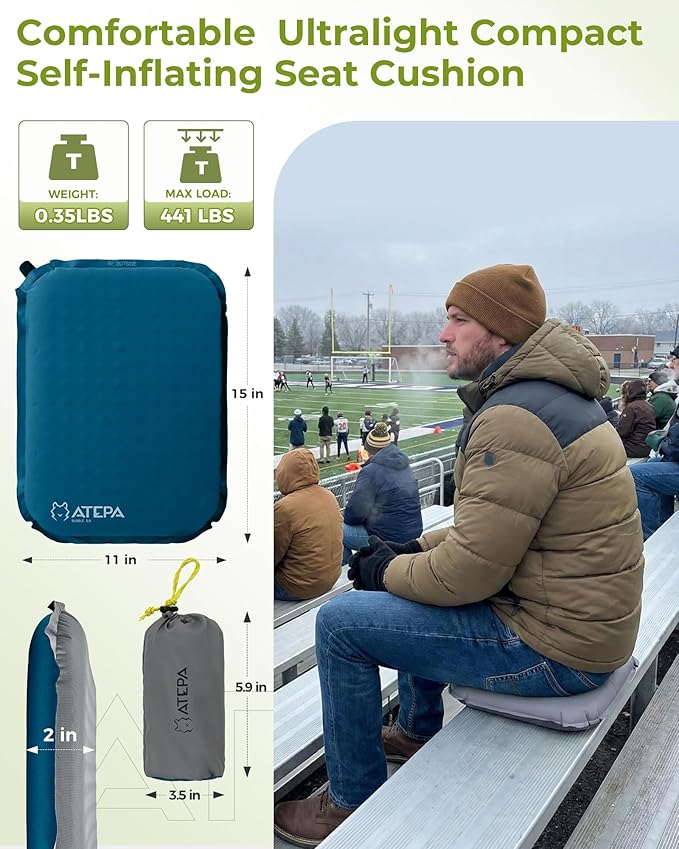 ATEPA Inflatable Seat Cushion, Self-Inflating Portable Stadium Airplane Travel Foam Cushion Pad for Camping, Sports Events, Outdoor