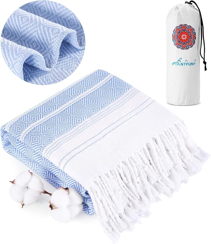 Antfuny Turkish Beach Towels Vacation Essentials Quick Dry Sand Free Soft Absorbent Adult Oversized Bath Pool Swim Long Wide Stripe Towel Sound Cloud Linen Mat Summer Thing Lightweight Thin Blue