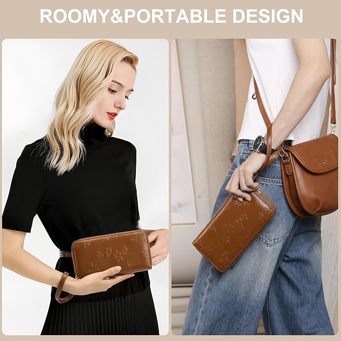 yiijay Womens Wallet RFID Blocking Large Capacity Vegan Leather Double Zip Wristlet Wallet Card Holder Travel Ladies Clutch