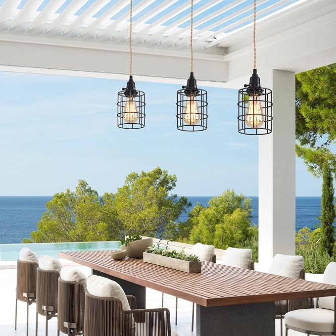 3-Light Hanging Light with Plug in Cord,Plug in Pendant Light 22ft Hemp Rope Pendant Lighting Vintage 3-Light Hanging Lamp Fixtures for Kitchen Island Living Room Bedroom