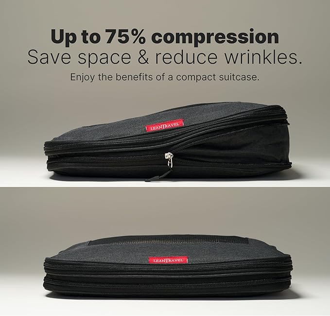 LeanTravel Premium Compression Packing Cubes for Travel - Suitcase Organizer Bags with Double Zipper & Breathable Mesh Panel - Space Saving Carry On Luggage Essentials (6-Pack Black)
