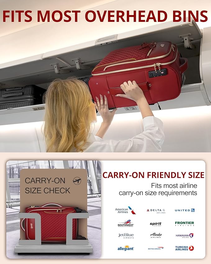 Carry On Luggage 22x14x9 Airline Approved, 20 Inch Softside Suitcase with 4 Pcs, Lightweight Luggage for Women with TSA Lock and 4 Spinner Wheels, Soft Side Carry-on Suitcases for Travel, Red