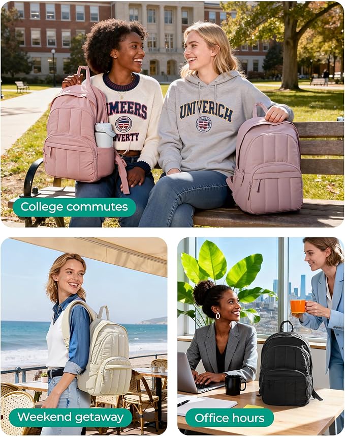 BAGSMART Womens Backpack Travel Laptop Backpack for Women, Quilted College Laptop Bookbag, Work Back Pack for Women, Cute Computer Water-Resistant Casual Daypack, Puffer Dark Pink