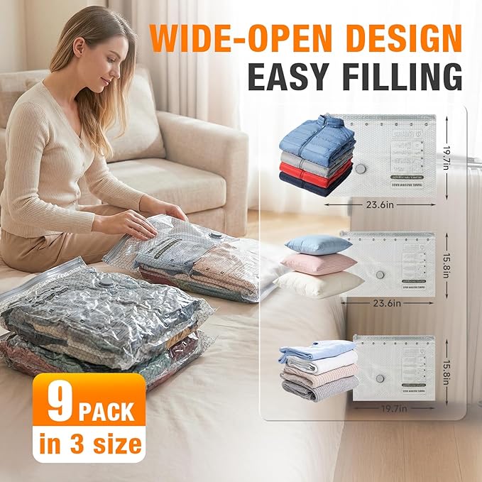 Space Saver Vacuum Storage Bags with Portable Electric Pump, Vacuum Seal Bags for Clothing Travel, Compression Bags for Travel & Home, Clothes, Blankets, Seasonal Storage, 9 Combo (3L/3M/3S)