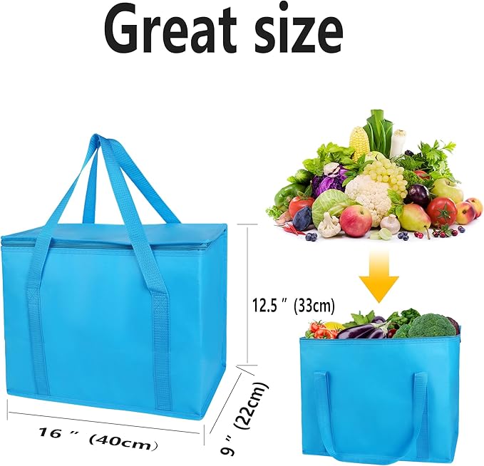 musbus 2-Pack extra Insulated Grocery shopping bag, large Blue, reusable bags,Pizza,Sturdy zipper,Collapsible,tote,cooler,for transport women,for instacart,Durable,thermal