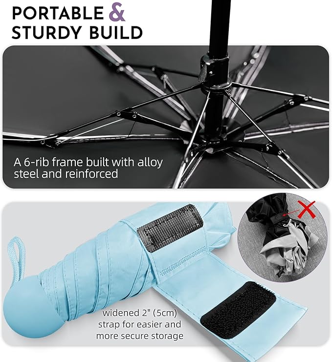 Travel Mini Umbrella Compact Small & Lightweight, UV Rain Protection, Pocket-Sized Folding Umbrellas with Quickdraw & Case for Men Women & Kids Backpack