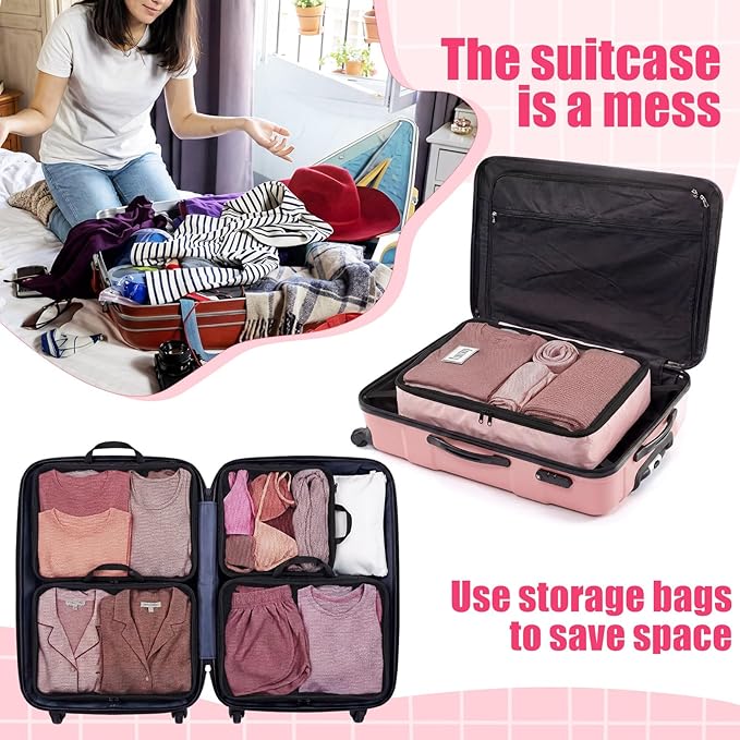 7 Pcs Packing Cubes for Travel Large Days of Week Compression Packing Cube with Labels Luggage Organizers Storage Bag(Pink)