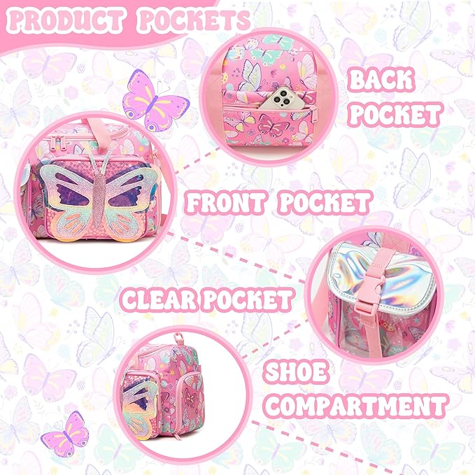 Butterfly Kids Duffle Bag Girls Ballet Dance Bag Overnight Travel Bags for Girls Gymnastics Sports Bags for Kids with Shoe Compartment