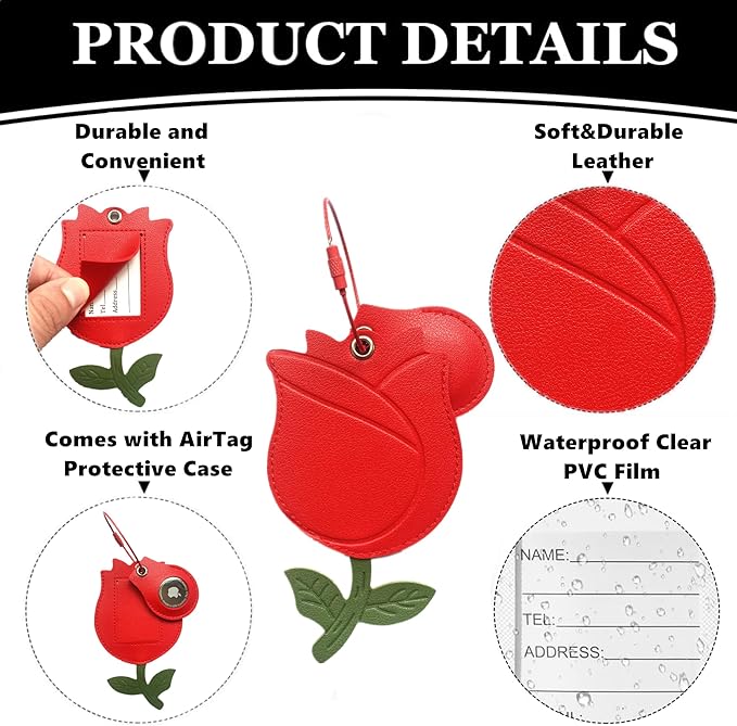 Cute Leather Luggage Tag Holder with Airtag Case Set,Hidden Compartment for AirTag Travel Suitcase Tracking Case with Stainless Steel Loop,Name ID Label(Red Rose)
