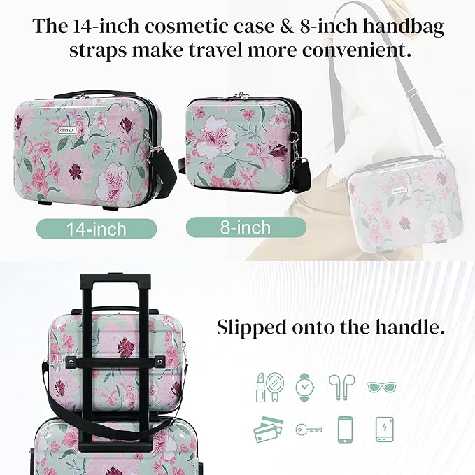 Merax 5 Piece Luggage Set with Spinner Wheels, Lightweight Printing Suitcase Set 8/14/20/24/28 inches, Durable Carry on Luggage with Handbag and Cosmetic Case Suitable all Ages,Green Pink Flower
