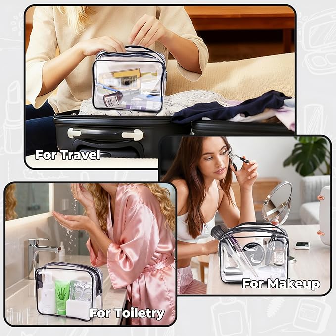 6 Pieces Clear Makeup Bags Bulk TSA Approved Toiletry Bag for Travel PVC Waterproof Clear Cosmetic Pouch with Zipper for Men and Women Carry-on Travel Essentials (Black)
