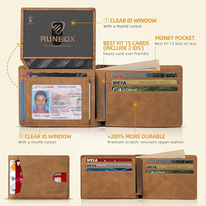 RUNBOX Wallet for Men Slim Rfid Leather 2 ID Window With Gift Box | Slim, Rfid, 2 ID Window, With Gift Box, Slim, Rfid