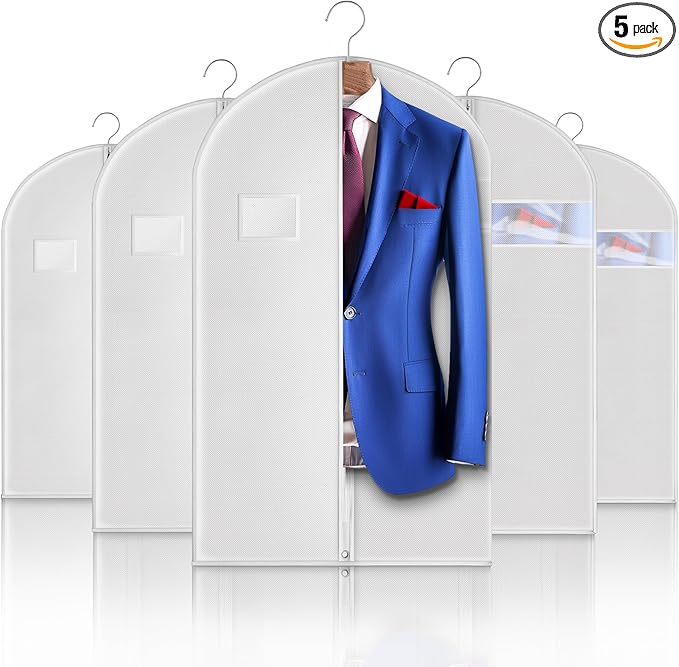Hleelomi 5 Pack 40-inch Suit Bag Garment Bag for Travel and Storage, Garment Bags for Hanging Clothes with Zipper and Visible Transparent Window, White