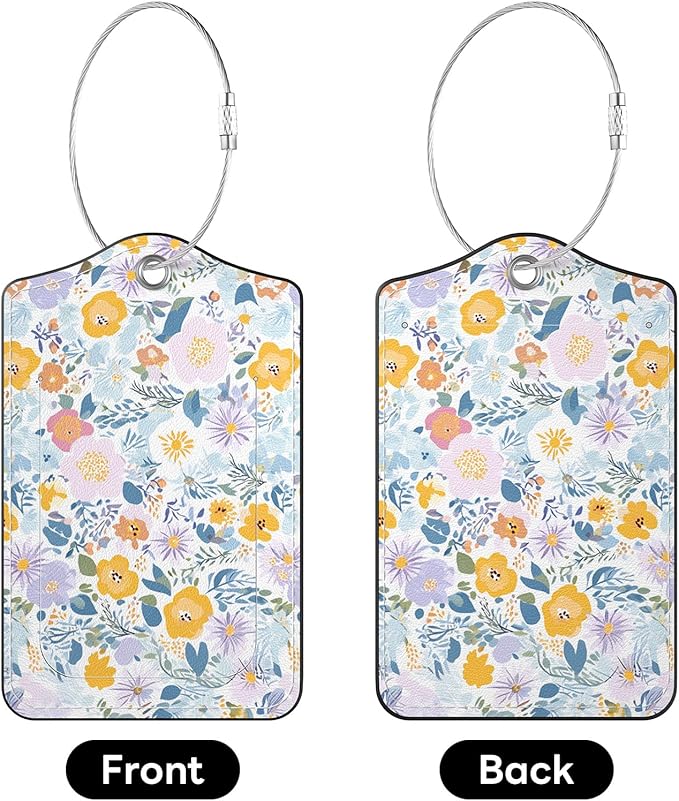 2 Pack PU Leather Luggage Tags for Suitcases, Privacy Protection Cover with Stainless Steel Loop and Address Card, Travel Cruise Essentials (Yellow Pink Flower)