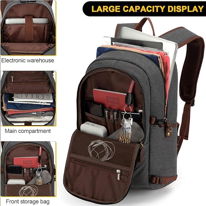 Tzowla Canvas Laptop Backpack-Anti Theft Bag for Men Women,Rucksack Fits 15.6Inch Laptop, Work Travel with Lock