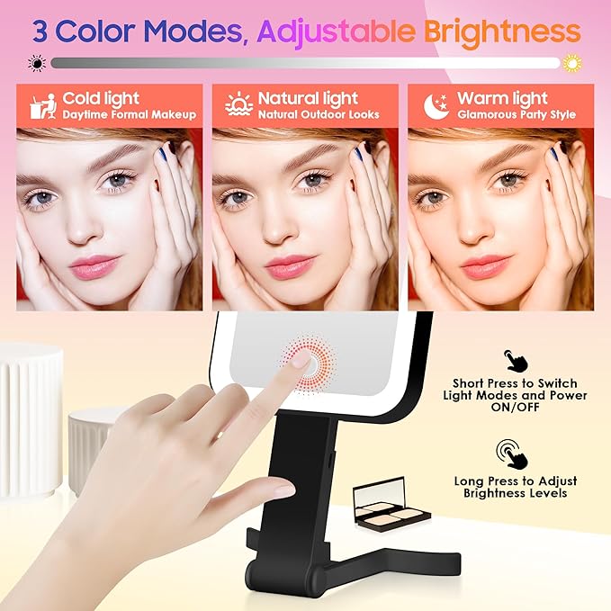 GOMIPURU Magnifying Travel Mirror with Light, 30X/1X Double-Sided Magnifying Mirror with 3 Color Lights, Brightness Adjustable, Foldable Handheld Makeup Mirrors Portable for Travel and Desktop Use,B