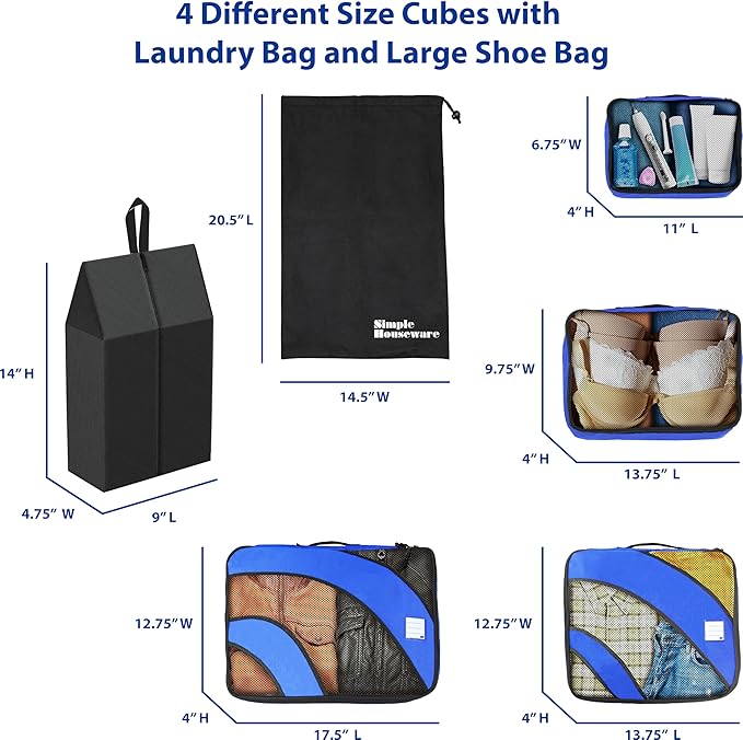 Simple Houseware 8-Set Packing Cubes for Travel, Luggage Organizer with Laundry Bag, Shoe Bag & Clear Pocket Label, Blue