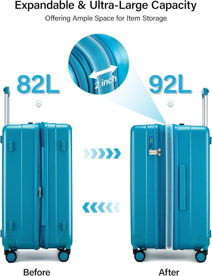 Hanke 24 Inch Plus Expandable Luggage Large Suitcases with Wheels, Medium Checked Luggage Hard Shell Suitcases, PC Trunk Luggage Extra Large Suitcase with Lock for Women Men(Caribbean Blue)