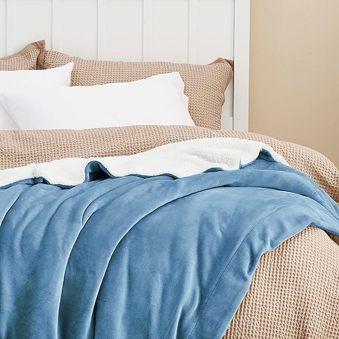 Bedsure GentleSoft Sherpa Fleece Blankets King Size for Bed, Non-Heated, Thick and Warm Throw for Women and Men, Soft Fuzzy Plush King Blanket for Winter, Washed Blue, 108x90 Inches
